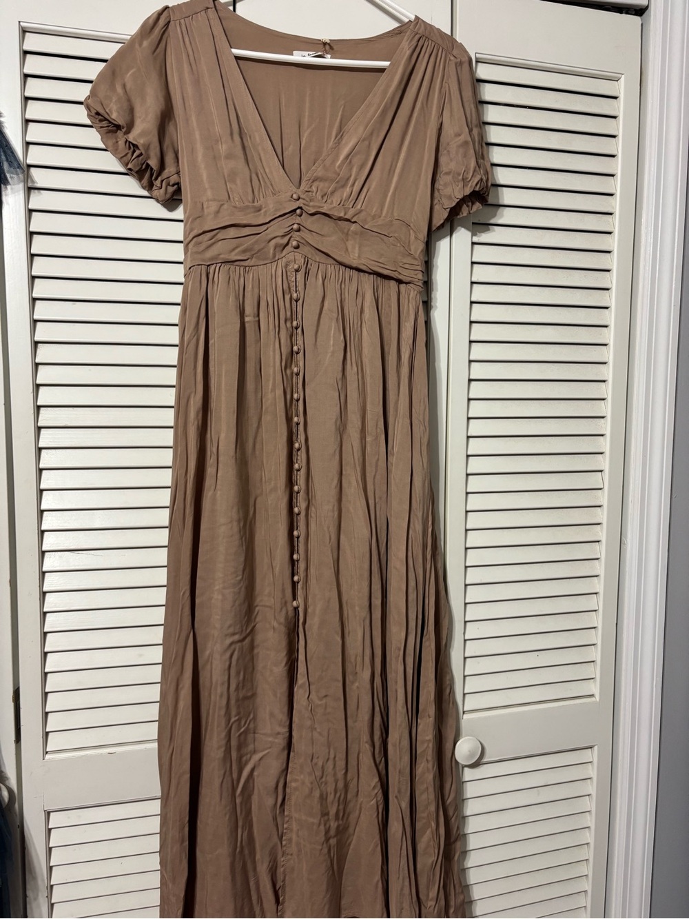 Women's Maxi Dress in Taupe - Elegant Button-Front V-Neck